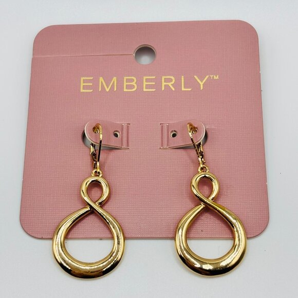 Emberly Gold Tone Loop Drop Earrings Modern Infinity Design Dangle Earrings New - Picture 1 of 4